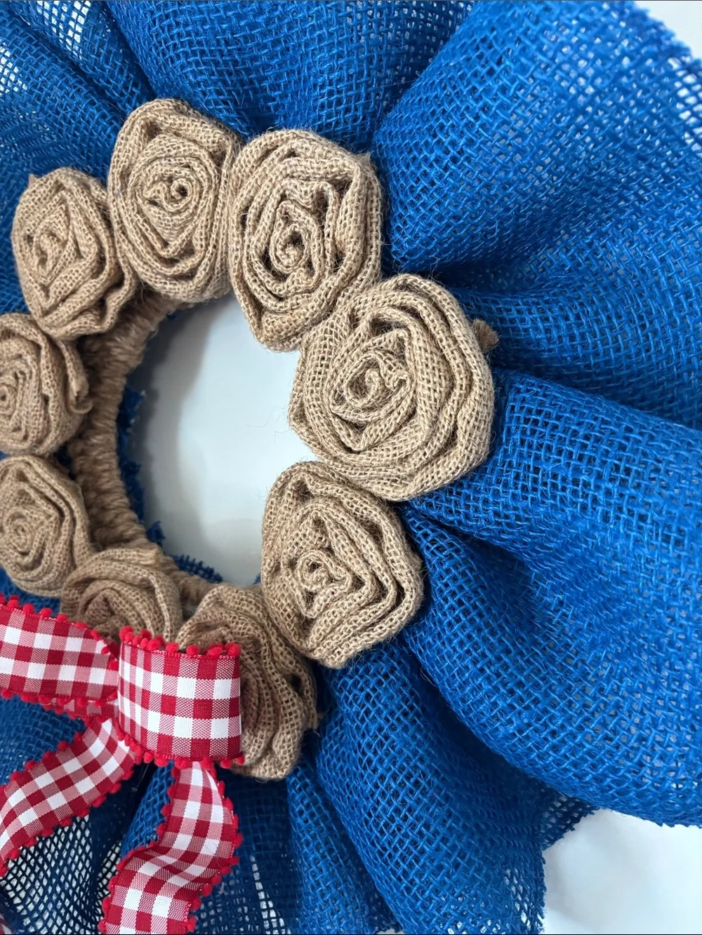 Hand Crafted Blue Burlap Wreath with Tan Rosettes and Red Gingham Bow Accent